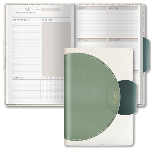 BIROYAL Undatierter Wochenplaner A5, 52 Wochen, 2 Seiten pro Woche, Grün | 120g Premium Papier Kein Durchschreiben, Ringbuch wöchentlicher Terminplaner mit To Do Liste, Habit Tracker für Büro Schule