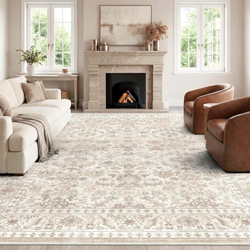 HOMFINE 200x300cm Beige Vintage Washable Area Rug for Bedroom Living Room