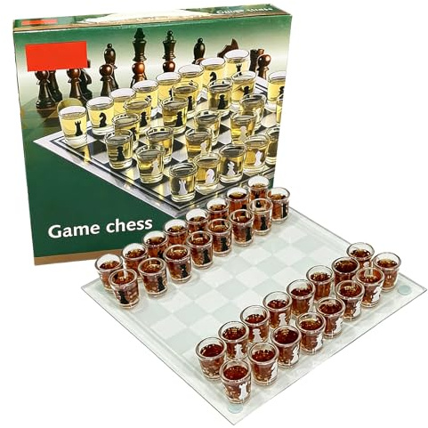 SXQCKJ Schnapsglas-Schachspiel mit Gläsern - Glas-Schachbrett & 32 Bedruckte Spielfiguren-Gläser für Erwachsenenpartys, Spieleabende und Reisen