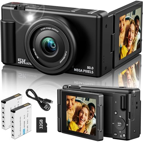 True 5K Digital Camera for Photography, Autofocus 80MP with 18X Digital Zoom 3 270°Flip Screen Dual-Lens Selfie Camera for YouTube Vlogging & Content Creation, 2 Batteries, 32GB Card & Flash，Black