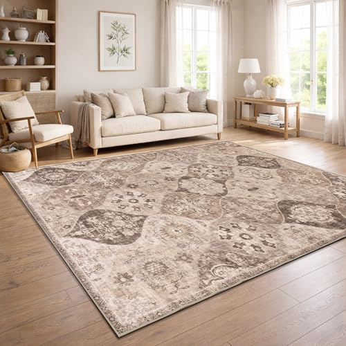 Paco Home Tappeto Soggiorno Vintage Pelo Corto Stile Boho Lavabile Antiscivolo Facile Da Pulire Design Retro Moderno, Colore:Taupe, Dimensione:120x160 cm