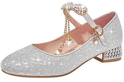 Zapatos de baile para niña, dorados y plateados, con lentejuelas y punta cerrada, tacón bajo, con purpurina fina, zapatos de boda, zapatos para aprender a caminar, plata, 36.5 EU 3X-Estrecho