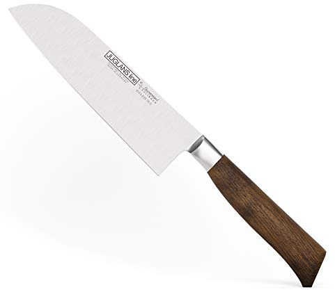 Burgvogel Solingen Juglans Line Santokumesser Walnussholz 18 cm, rostfrei, Japanisches Kochmesser scharf geschmiedet, dunkel, premium, klein, Braun Rot