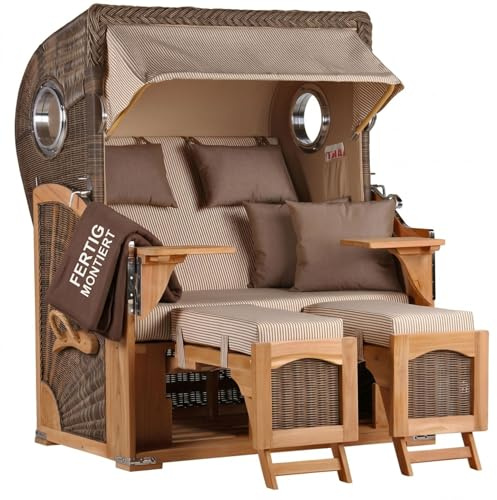 MR. DEKO® Strandkorb Düne Teak 2-Sitzer Bullauge | PE Geflecht Grey | Volllieger Strandstuhl verstellbar | inkl. 4 Kissen Wechselpolster | Strandkörbe fertig montiert aus Teakholz | (Dessin 510)