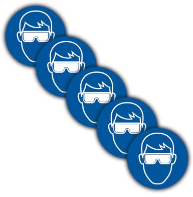 STROBO 5 Stück Aufkleber Schutzbrille tragen mit Ø 9,5 cm | Sticker mit geschlitzter Rückseite für den Innen- und Außenbereich | UV-Schutz, Wind- und Wetterfest