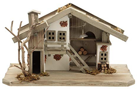 ELLUG Holz Krippenstall, Weihnachtskrippe mit Licht 38 * 18 * 21cm (OHNE Krippenfiguren)