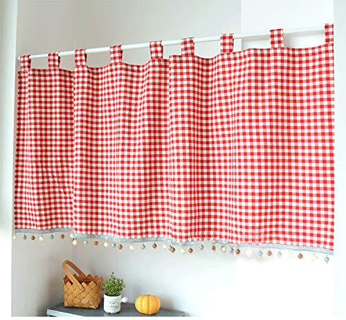 Yaland Élégant rideau à passants, à carreaux, avec bords boules, style maison de campagne, bistrot, avec embrasses, (H x l) 80 x 100 cm, rouge, 1 pièce