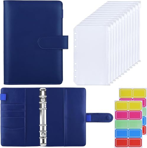 HAUTOCO Budget Planner Deutsch, A6 Budget Binder, Budgetplaner, Ringbuch A6 mit 12 Binder Taschen, Finanzplaner mit Etiketten, Sparbuch für Geld Organizer, Marineblau