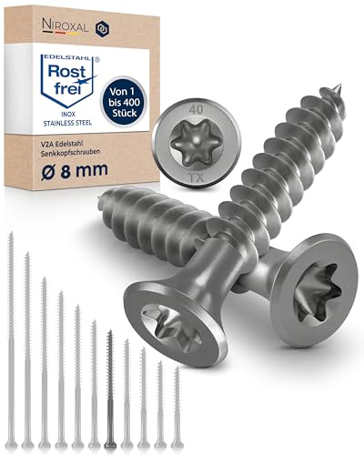 Viti per legno Ø8x100 mm testa svasata 90° TX40 – acciaio inox A2 V2A – filetto parziale – strutture in legno – per fai da te e hobbisti – 1 pezzi