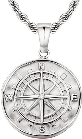 KRKC&CO Kompass Kette Herren Münze Anhänger Silberkette, 2,5mm 55,9cm Kordelkette Kettenanhänger Windrose Silber, Edelstahl Medaillon Halskette, Geburtstag Geschenk für Männer Jungen Freund