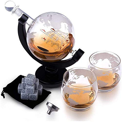 Juego de decantador de whisky de vidrio para estante de vino - Decantador de 1000 ml con tapón de vidrio, globo terráqueo grabado con barco de vela de vidrio hecho a mano, pinzas para hielo, piedras