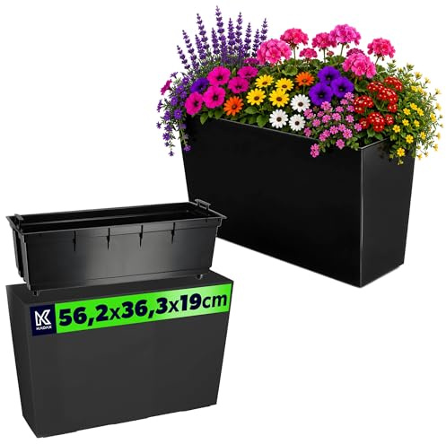 KADAX Blumenkasten aus Kunststoff, 18,5x55,7cm, 5 Farben, Blumentopf mit Bewässerungsbändern, Balkonkasten mit Einsatz, Pflanzkasten für Außen, Blumenkubel (Rechteckig, Glänzend, Schwarz)