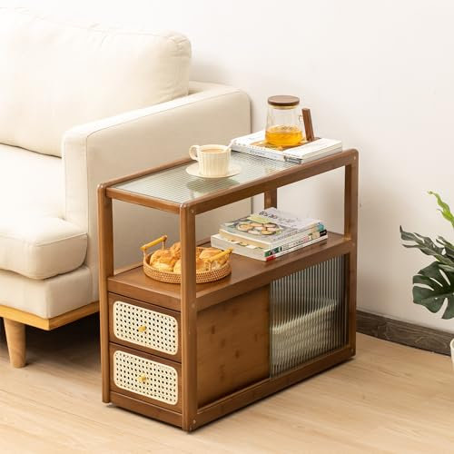 Tiita Rattan Nachttisch Beistelltisch Bambus Akzent Nachttische Glas Couchtische Boho Holz Beistelltisch mit Stauraum für kleinen Raum, Wohnzimmer und Schlafzimmer
