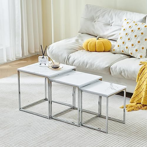Redd Royal Modern Nesting Table Set of 3, Coffee Table Small End Table Sofa Side High Gloss Wood Tabletop with Chrome Frame Legs Space Saving for Living Room Bedroom (Square White Marble Set of 3)
