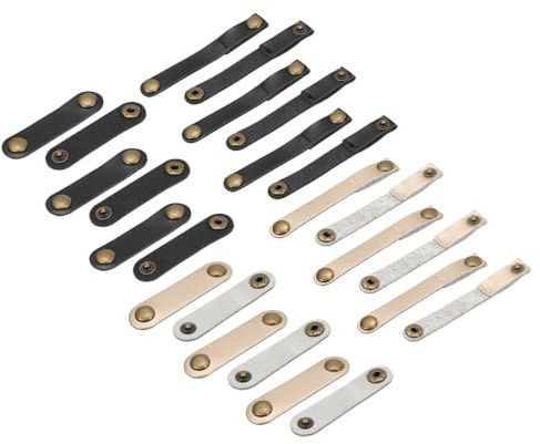 sourcing map 24 Pack Leather Cable Straps Leather Cable Ties Leather Cord Organizer Portable Black/Gold Tone Leather Wire Straps for Earphones, Headphone