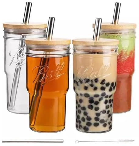 STARVAST Bubble Tea Tasses 4 sachets de 720 ml, gobelets à smoothie réutilisables, bocaux de voyage Boba, bocaux à col large avec capuchon et paille en acier inoxydable ﻿
