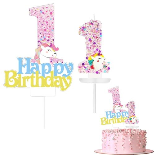 Unicorn Happy 1st Birthday Cake Topper&Unicorn Number 1 Birthday Candle,Unicorn Cupcake Topper Unicorn Candles 1st Birthday Cake Decorations for Baby Girls 1st Birthday Unicorn Theme Party Decorations