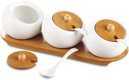 Oriental riverkit Keramik Gewürzbehälter 3er Set Mit Deckel Und Löffel Zucker Und Salzdosen Set, Gewürzgläser Gewürzhalter Für Küche Und Esstisch (A)