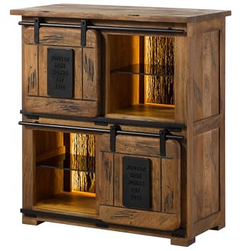 MASSIVMOEBEL24.DE | Railway Lux Highboard aus Massivholz mit Beleuchtung #122 | Mangoholz/Altholz - Natur lackiert | 90x45x100 cm | 6 Fächer, 2 Türen, 2 Schubladen | Hochschrank klein