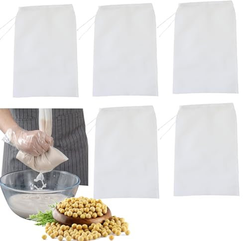 5 Bolsas De Tela Reutilizables Para Filtrar Leche Vegetal, Paños de Queso Lavables para Queso, Paños de Filtro, Reutilizables, para Tamizar Zumo, Queso, Té, Leche de Nueces, Tofu