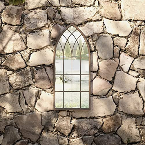 ShGaxin Gartenspiegel, Spiegel Fenster, Kirchenfenster, Fensterförmiger Spiegel, Fensterspiegel, Window Mirror, Wandornament, Spiegel Landhausstil, Sand 70x30 cm Eisen
