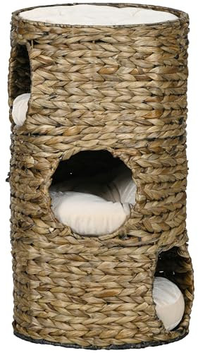 PawHut Kratztonne, 73 cm Hoch Katzentonne mit 3 Höhle, Kissen, Kratzbaum mit Katzenbett, Katzenturm aus Wasserhyazinthe, Dunkelbraun