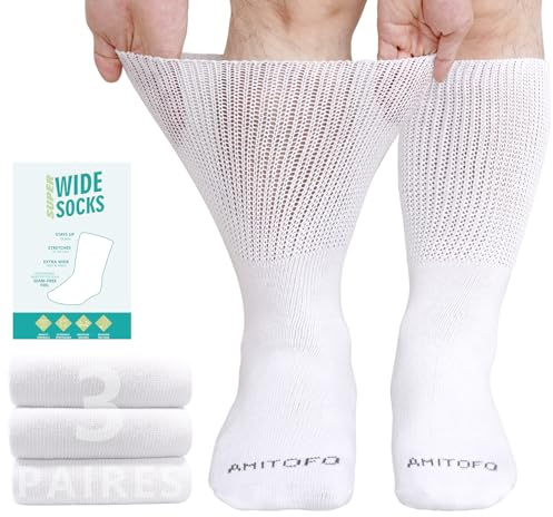 LOFIR Calze Diabetiche Uomo in Cotone: Calzini Senza Elastico e Senza Cuciture Donna Calze Extra Larghe Diabetiche per Caviglie e Piedi Gonfi 3 Paia Bianco 39-46