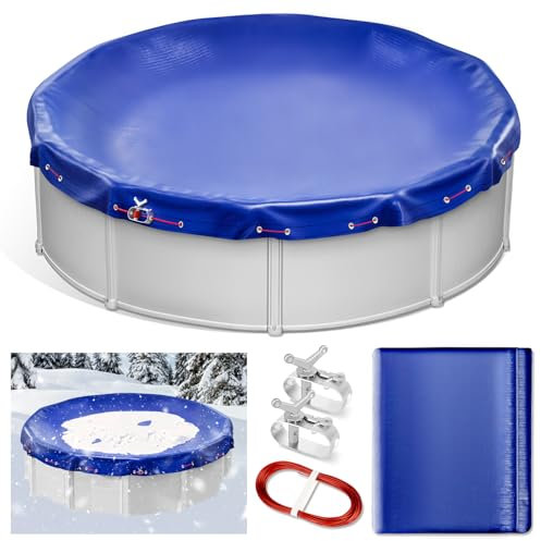 Keycci 12FT Round Winter Pool Cover for Above Ground Pools, 4FT Overlap Extra Thick PE Pool Cover Pool Protection with Winch and Cable, Swimming Pool Cover, Cold and UV-Resistant, Blue