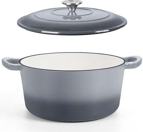 HaSteeL Horno holandés de hierro fundido de 5 cuartos de galón, olla antiadherente esmaltada con tapa, utensilios de cocina redondos antiadherentes para hornear pan de masa madre, asar, estofar,
