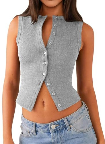 Matunana Womens Going Out Tops Summer Ribbed Tank Sexy Crop Cute Y2K Button Down Sleeveless T Shirts Casual Basic Tee Trendy Fashion Outfits Spring Clothes 2026 Grey L