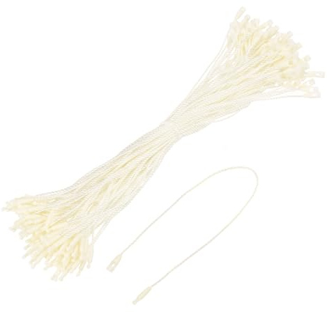 QUARKZMAN 100 Stück Hängeetiketten Etiketten Schnur, 200mm Sicherheitsfäden für Etiketten, Schnappverschluss zum Anbringen für Hängeetiketten Kleidung, Beige