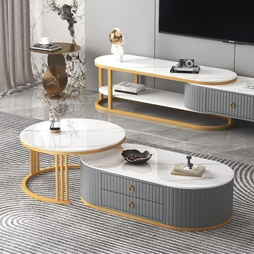 JFUNANQH Satztisch-Couchtisch, 2er-Set, moderner Tisch mit Metallrahmen, Beistelltischplatte, Stabiler Balkon-Beistelltisch für kleine Wohnzimmer (Farbe: Gold+Grau, Größe: Klein)