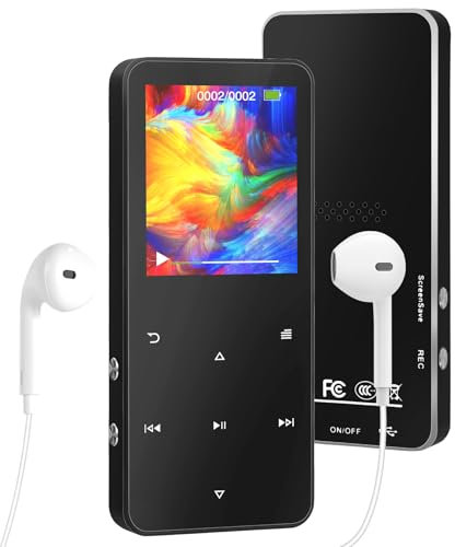 Lecteur MP3 32Go Bluetooth 5.2, Lecteur Musical Portable avec Haut-Parleur, 1.8 Pouces HiFi Audio MP3 /MP4 Bouton Tactile avec Radio, vidéo, Enregistrement, E-Book Reader