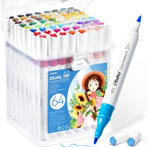 Ohuhu Marker 64 Pinsel & Fein wasserbasiert zum Ausmalen & Zeichnen | 64 Farben + 1 Farbmischer für Nahtloses Mischen Geruchslos Ungiftig für Anime Manga Design Kalligraphie Zeichnen