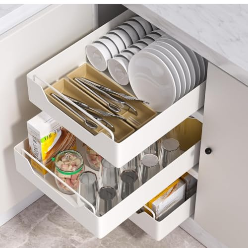 CROWNSHOP 2Pack Pull Out Cabinet Organizer 42cm Sliding Drawer Storage | 2 pack 42cm pull out cabinet organizers with sliding drawer design, no-drill installation storage racks maximize kitchen