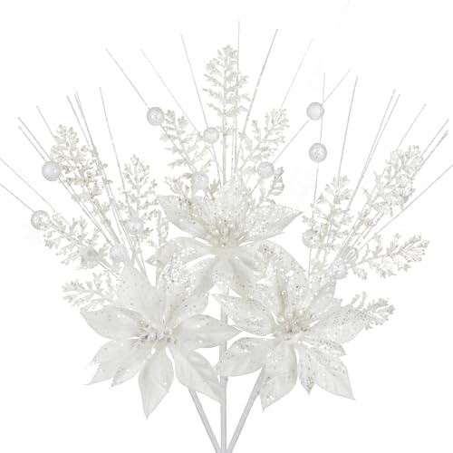 Oairse 3er-Set Künstlichen Weihnachtsblumen Glitzer Kunstzweig Weihnachten Deko für Weihnachtsbaum-DIY-Dekoration, Künstliche Blumen für Feiertage, Esstisch-Mittelstück, Weiß