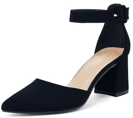 GENSHUO Zapatos de Mujer con Punta Cerrada, Tacón Bajo en Bloque de 6 cm, Correa al Tobillo, Cómodos para Trabajo y Fiestas, Nubuck Negro, 37 EU