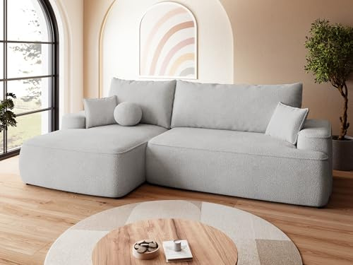 BROMARKT Ecksofa mit Schlaffunktion Sofa mit Bettkasten Grau Links | Wohnlandschaft Eckcouch Freistehend Couch Polstercouch Schlafcouch Stauraum 250 cm Breite 4 Sitzer Schlafsofa