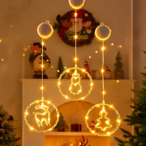 ACAREY LED Weihnachtsbeleuchtung Fenster, 3 Stück Weihnachtsdeko Fenster Beleuchtet mit Saugnapf Timer, Fensterdeko Weihnachten Warmweiß Lichterkette Batteriebetrieben für Weihnachten, Fest, Party