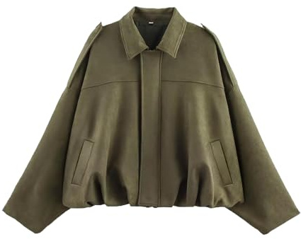 Bnigung Womens Faux Suede Bomber Jacket Casual Lapel Pilot Cropped Coat Oversized Motorcycle Jackets 2025 Outerwear, Green, XS