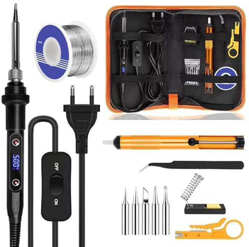 Lötkolben set,Lötkolben-Kit 80W Einstellbar Temperatur (180℃-500℃), enthält 1 Lötkolbens mit Ein/Aus Schalter, 50g Lötdraht, 5 Lötspitzen, Federständer + Schwamm, Entlötpumpe, Pinzette, Abisolierzan