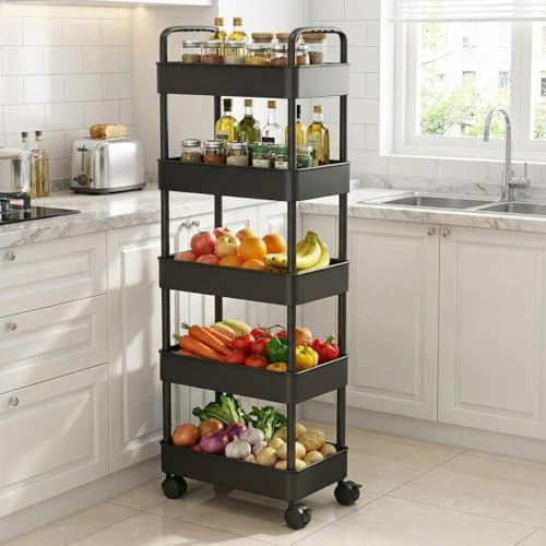 Hodeffior Rollwagen, Servierwagen mit Rollen 5 Etagen Küchenwagen Bastelwagen Rollwagen Küche Aufbewahrungswagen für Wohnzimmer Schlafzimmer Badezimmer Büro, 41 x 28 x 128 cm, Schwarz
