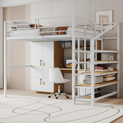vutizal Hochbett 140x200 cm Weiß mit Stauraum und Treppe | Sicherer Treppenzugang & Platzsparendes Design | Stabil Metallbett für Kinder/Erwachsene | Perfekt für Jugendzimmer