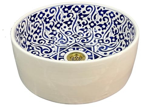 Brassatelier Handmade Ceramic Vessel Sink - Blue & White Floral Bathroom Basin - Round Countertop Washbasin with Brass Drain (Yellow, 10in = 25cm)