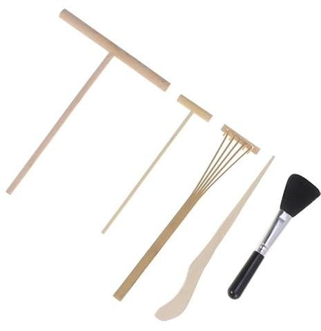 ROMISBABA Juego de 5 Herramientas de Jardinería para Jardín Zen, Mini Rastrillo de Dientes de Madera para Dibujo y Alisado de Arena, Diseño Tradicional Minimalista