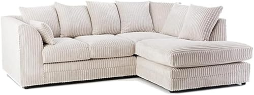 Comfy L Shaped Corner Sofa - Modular Right or Left Hand Facing Settee - Elegant 4 Seater Scatter Couches - Modern Boneless Jumbo Cord Couches Suites for Living Room, Cream, Right Hand