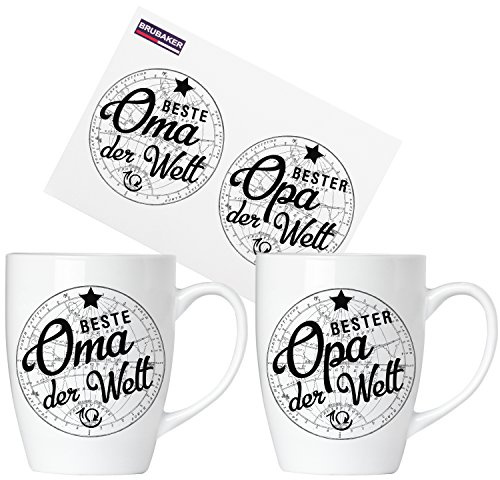 BRUBAKER Beste Oma & Bester Opa der Welt Tassen Set aus Keramik - 2 Kaffeebecher 300 ml - Kaffeetassen mit Grußkarte und Geschenkpackung