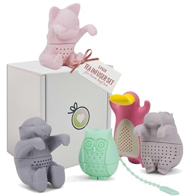 ParTea Set mit Tee-Ei für lose Blätter, Get The Hippo, Platypus, Eule, Kit-Tea und Otter in einer schönen Geschenkbox, mehrfarbig