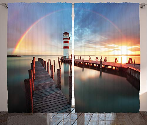 ABAKUHAUS Leuchtturm Rustikaler Vorhang, Wolken Sonnenuntergang am Meer, Wohnzimmer Universalband Gardinen mit Schlaufen und Haken, 280 x 260 cm, Tan Seafoam