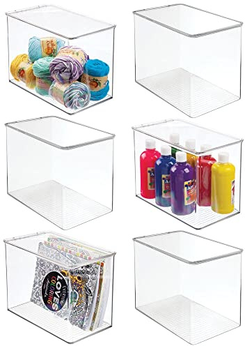 mDesign 6er-Set Aufbewahrungsbox mit Deckel für Bastel- und Nähzubehör – hohes Nähkästchen aus Kunststoff – Stapelbox für Garn, Schleifen, Perlen, Glitzer usw. – durchsichtig